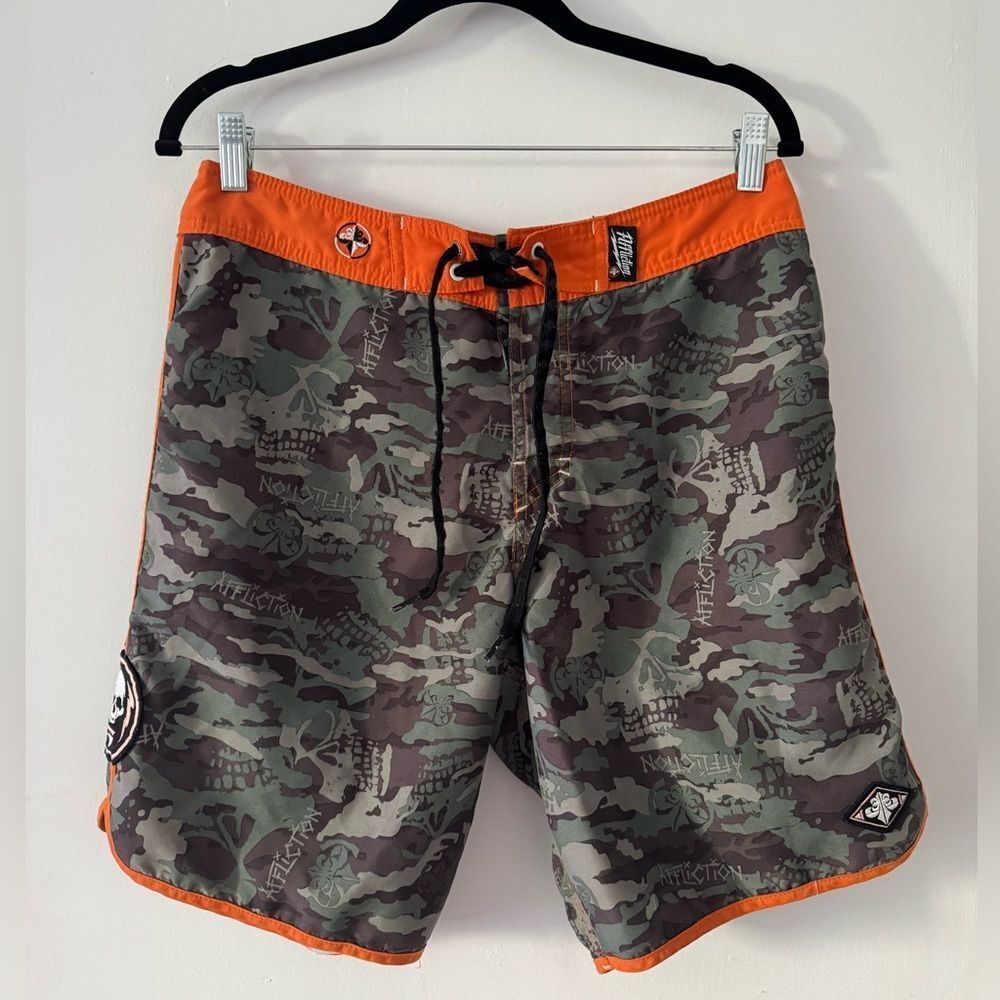 Affliction Men's Camouflage Swim Shorts with Orange Accents